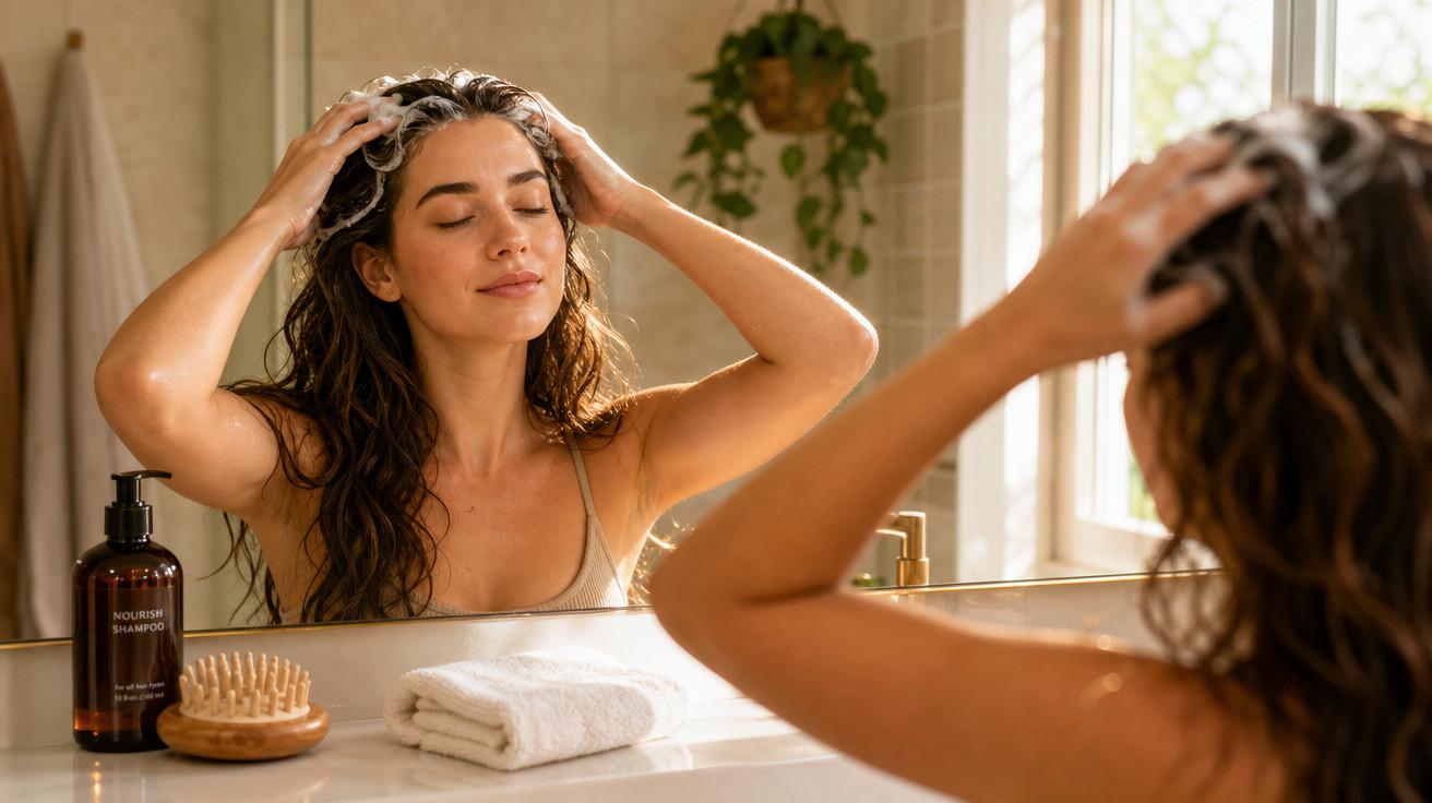 Photo horizontale d’une femme prenant soin de son cuir chevelu, ambiance naturelle et premium.